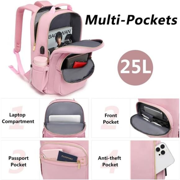 Pink Laptop Backpack Women Bookbag - 15.6 inch Computer Backpacks Purse Travel - Picture 4 of 7